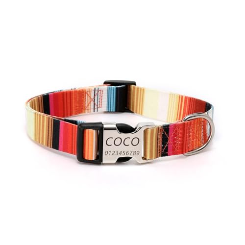 Personalisiertes Hundehalsband mit gravierter Metallschnalle – Haustierhalsbänder personalisiert mit Namen und Telefonnummer mit graviertem Schieber – verstellbare Größen (Orange Streifen,XL) von Iirlvior