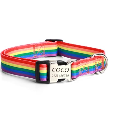 Personalisiertes Hundehalsband mit gravierter Metallschnalle – Haustierhalsbänder personalisiert mit Namen und Telefonnummer mit graviertem Schieber – verstellbare Größen (Regenbogenrutsche,S) von Iirlvior