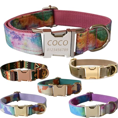 Personalisiertes Hundehalsband mit gravierter Metallschnalle – Haustierhalsbänder personalisiert mit Namen und Telefonnummer mit graviertem Schieber – verstellbare Größen (Rosa Tarnung, S) von Iirlvior