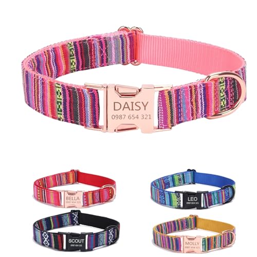 Personalisiertes Hundehalsband mit gravierter Metallschnalle – Haustierhalsbänder personalisiert mit Namen und Telefonnummer mit graviertem Schieber – verstellbare Größen (Rosa XS) von Iirlvior