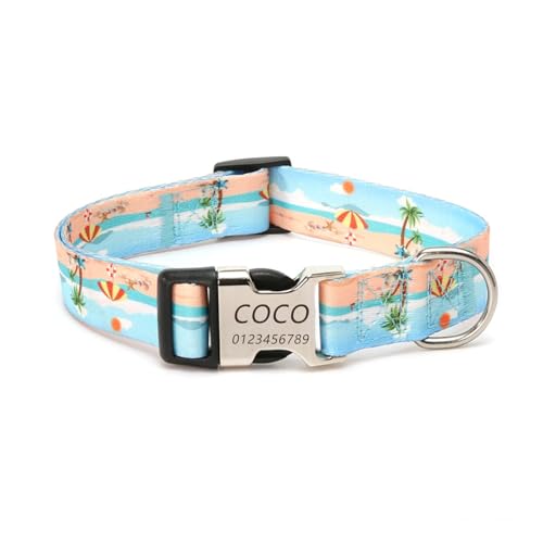 Personalisiertes Hundehalsband mit gravierter Metallschnalle – Haustierhalsbänder personalisiert mit Namen und Telefonnummer mit graviertem Schieber – verstellbare Größen (Sommerstrand,S) von Iirlvior
