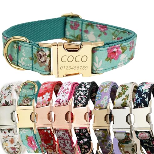 Personalisiertes Hundehalsband mit gravierter Metallschnalle mit süßem Blumendesign – individueller Name und Telefonnummer – individuelles Hundehalsband, verstellbar für Hunderassen (Grün, XS) von Iirlvior