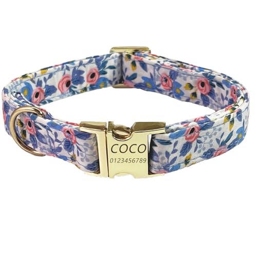 Personalisiertes Hundehalsband mit gravierter Metallschnalle mit süßem Blumendesign – individueller Name und Telefonnummer – individuelles Hundehalsband, verstellbar für Hunderassen (Hellblau,XS) von Iirlvior