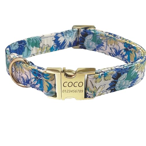 Personalisiertes Hundehalsband mit gravierter Metallschnalle mit süßem Blumendesign – individueller Name und Telefonnummer – individuelles Hundehalsband, verstellbar für Hunderassen (Himmelblau,M) von Iirlvior
