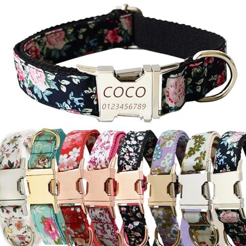 Personalisiertes Hundehalsband mit gravierter Metallschnalle mit süßem Blumendesign – individueller Name und Telefonnummer – individuelles Hundehalsband, verstellbar für Hunderassen (Pfingstrose, M) von Iirlvior