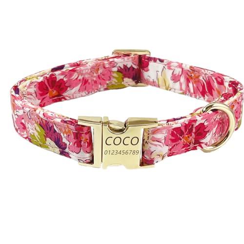 Personalisiertes Hundehalsband mit gravierter Metallschnalle mit süßem Blumendesign – individueller Name und Telefonnummer – individuelles Hundehalsband, verstellbar für Hunderassen (Rosenrot,S) von Iirlvior