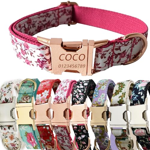 Personalisiertes Hundehalsband mit gravierter Metallschnalle mit süßem Blumendesign – individueller Name und Telefonnummer – individuelles Hundehalsband, verstellbar für Hunderassen (Rosenrots, L) von Iirlvior