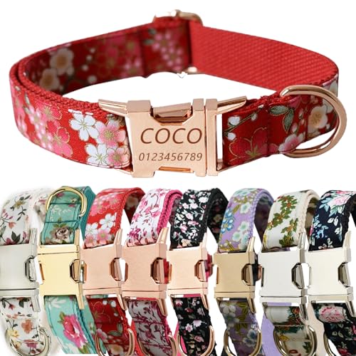 Personalisiertes Hundehalsband mit gravierter Metallschnalle mit süßem Blumendesign – individueller Name und Telefonnummer – individuelles Hundehalsband, verstellbar für Hunderassen (Rot, M) von Iirlvior