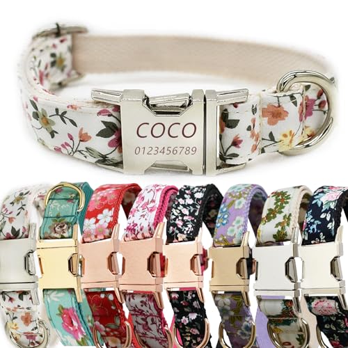 Personalisiertes Hundehalsband mit gravierter Metallschnalle mit süßem Blumendesign – individueller Name und Telefonnummer – individuelles Hundehalsband, verstellbar für Hunderassen (Weiß, S) von Iirlvior