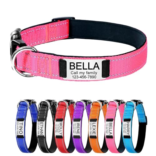 Reflektierend Personalisiertes Hundehalsband mit gravierter Metallschnalle, Haustierhalsbänder personalisiert mit Namen und Telefonnummer mit graviertem Schieber – verstellbare Größen (Rosa S) von Iirlvior