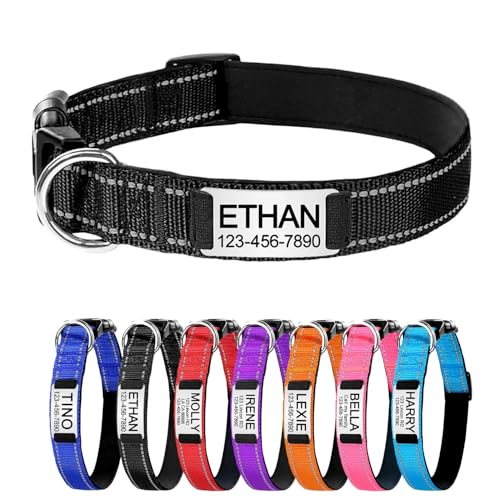Reflektierend Personalisiertes Hundehalsband mit gravierter Metallschnalle, Haustierhalsbänder personalisiert mit Namen und Telefonnummer mit graviertem Schieber – verstellbare Größen (Schwarz L) von Iirlvior