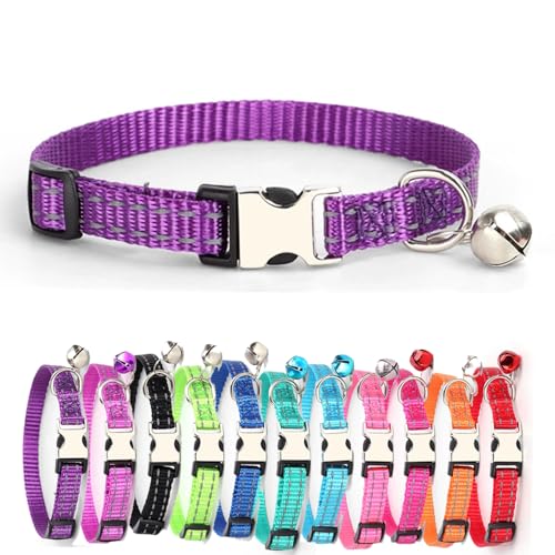 Reflektierend katzenhalsband Haustierhalsband mit individueller Gravur, personalisiertes Katzen mit Sicherheitsverschluss, individuelle Halsbänder mit Glöckchen für Katzenjungen (Dunkelviolett,XS) von Iirlvior