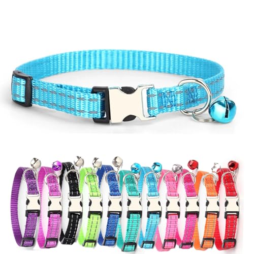 Reflektierend katzenhalsband Haustierhalsband mit individueller Gravur, personalisiertes Katzen mit Sicherheitsverschluss, individuelle Halsbänder mit Glöckchen für Katzenjungen (Himmelblau,XS) von Iirlvior