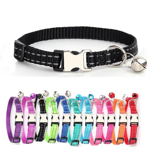 Reflektierend katzenhalsband Haustierhalsband mit individueller Gravur, personalisiertes Katzen mit Sicherheitsverschluss, individuelle Halsbänder mit Glöckchen für Katzenjungen (Schwarz,XS) von Iirlvior