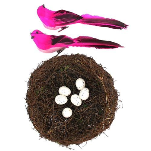 Vogelhaus-Korb-Set aus natürlichem Rattan, inklusive gefiederten Akzenten mit künstlichen Eiern, für den Frühling, Zuhause, Bühnenbildung, Fotografie, Requisiten, Osterbedarf von Illkjasfc