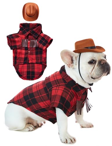 Impoosy Hunde-Halloween-Kostüm, Cowboy-Hemd mit Haustierhut, Welpe, lustiges Halloween-Kuh-Jungen-Shirts mit Hüten, Größe L, 2 Stück von Impoosy