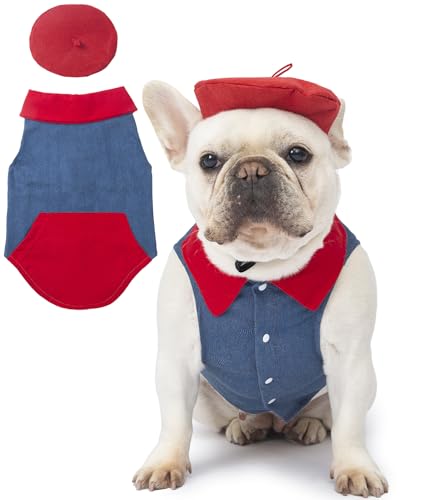 Impoosy Denim-Hunde-Shirt, klassische Haustierkleidung, Vintage-Denim-Hundejacke, Welpen, ärmellos, Sommerhemden mit rotem Hut, Größe M Impoosy Denim-Hunde-Shirt, klassische Haustierkleidung, Vintage-Denim-Hundejacke, Welpen, ärmellos, Sommerhemden mit rotem Hut, Größe M von Impoosy