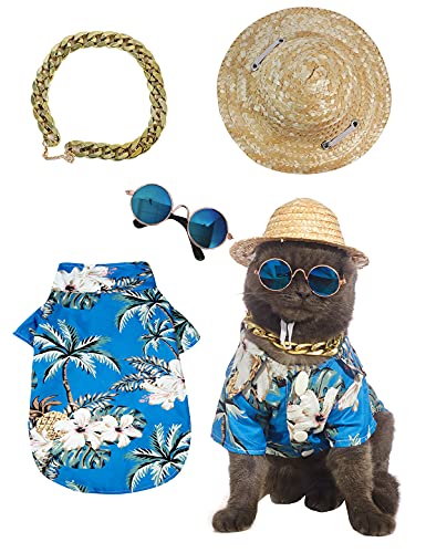 Impoosy Hawaiianische Hunde-T-Shirts, Haustier-Sommerkleidung, Katzen-Sonnenbrille, lustiger Strohhut, Kätzchen-Kostüme mit goldfarbener Kette, Kragen (groß, blau) von Impoosy