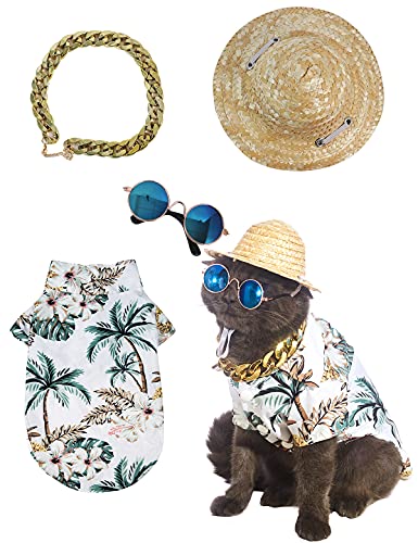 Impoosy Hawaiianische Hunde-T-Shirts, Haustier-Sommerkleidung, Katzen-Sonnenbrille, lustiger Strohhut, Kätzchen-Kostüme mit goldfarbener Kette, Kragen (klein, weiß) von Impoosy