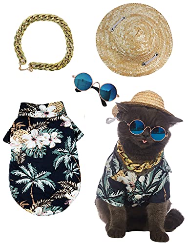 Impoosy Hawaiianisches Hunde-T-Shirt, Sommerkleidung, Katze, Sonnenbrille, lustiger Strohhut, Kätzchen-Kostüme mit goldfarbenem Kettenhalsband (Größe M, Schwarz) von Impoosy