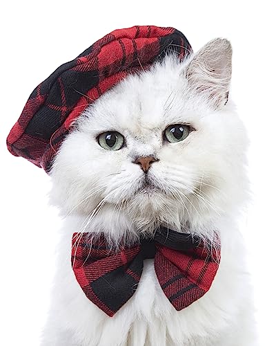Impoosy Katze Plaid Hut mit Schleife Lustige Katzen Coolar mit rotem Hals Fliege für Kleine Mittlere Große Katze Welpe Kostüm (L) von Impoosy