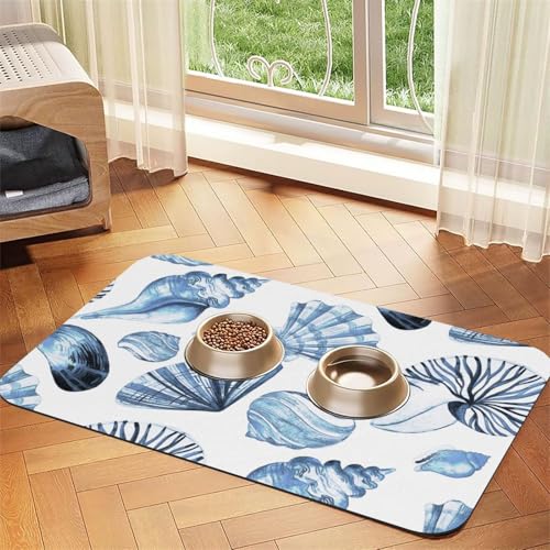 Blaues Muschelmuster auf Weiß，Futtermatte für Haustiere, Tischsets aus PU-Leder für Katzen und Hunde,40x60cm von InOmak