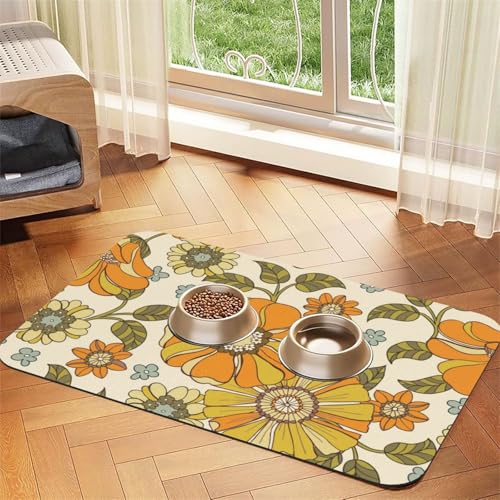 Bunte Retro 70er Jahre Blume，Futtermatte für Haustiere, Tischsets aus PU-Leder für Katzen und Hunde,40x60cm von InOmak