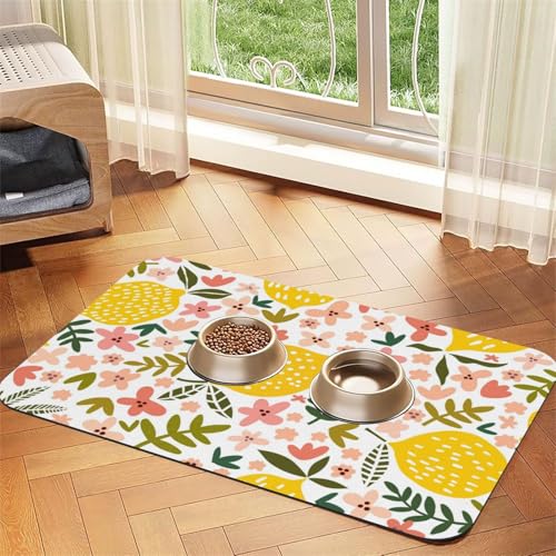 Floral Zitrone Zitronengelb，Futtermatte für Haustiere, Tischsets aus PU-Leder für Katzen und Hunde,30x45cm von InOmak