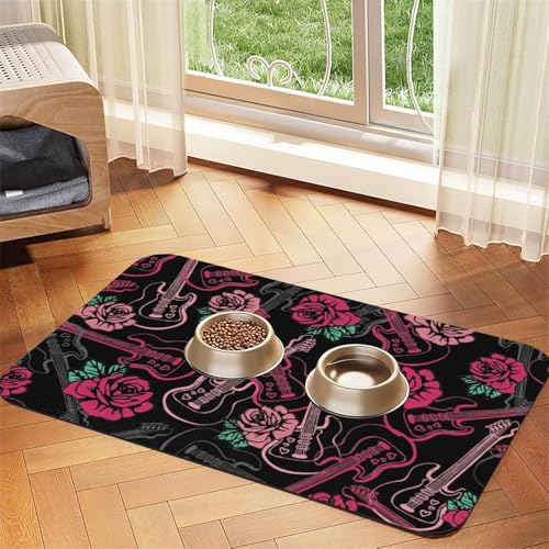 Gitarre und Rose，Futtermatte für Haustiere, Tischsets aus PU-Leder für Katzen und Hunde,40x60cm von InOmak