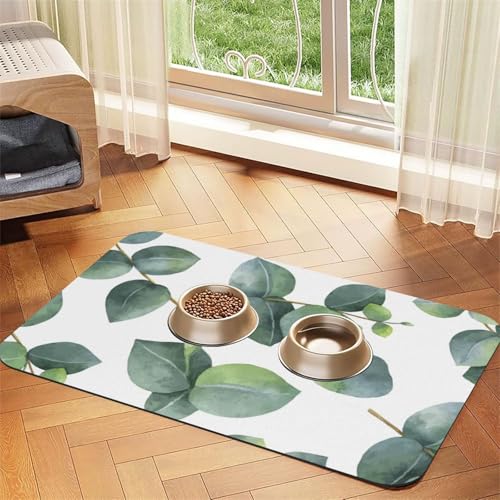 Green Leaves White,Waterproof Pet Feeding Mat,PU Leather Placemats for Cat Dog Water Bowl,Food Mats,30x45cm von InOmak