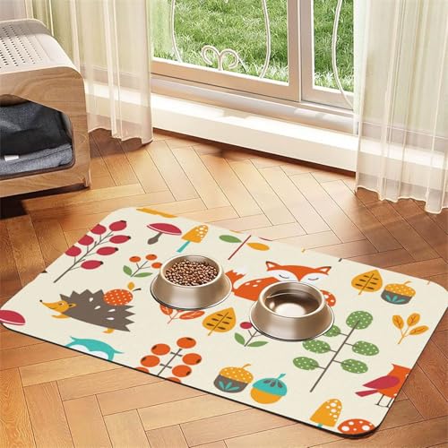 Herbstmuster mit Eule, Fuchs, Eichhörnchen, Vögel, Animal Print，Futtermatte für Haustiere, Tischsets aus PU-Leder für Katzen und Hunde,40x60cm von InOmak