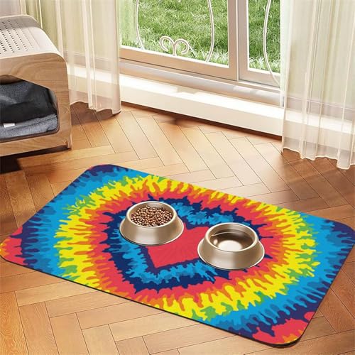 Herz Liebe Regenbogen Tie Dye，Futtermatte für Haustiere, Tischsets aus PU-Leder für Katzen und Hunde,40x60cm von InOmak