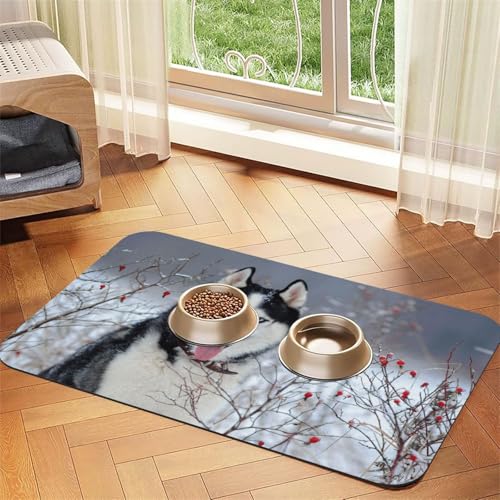 Husky In Winter,Waterproof Pet Feeding Mat,PU Leather Placemats for Cat Dog Water Bowl,Food Mats,30x45cm von InOmak