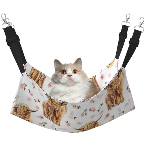 InOmak Frühlingsrosa Blumen Schottische Hochlandkuh, Katzenhängematte, weiches, doppelseitiges Hängebett für kleine Hunde und Haustiere,L von InOmak