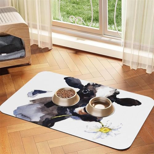 Kuh mit Einer Gänseblümchenblume，Futtermatte für Haustiere, Tischsets aus PU-Leder für Katzen und Hunde,40x60cm von InOmak