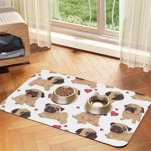 Lustige Cartoon-Möpse-Welpen，Futtermatte für Haustiere, Tischsets aus PU-Leder für Katzen und Hunde,30x45cm von InOmak
