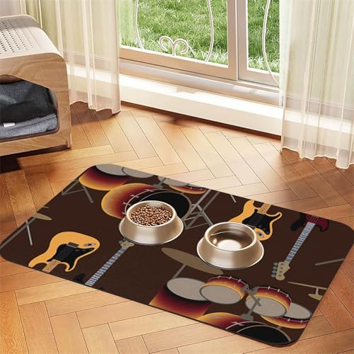 Rock-Muster von Retro-Schlagzeug，Futtermatte für Haustiere, Tischsets aus PU-Leder für Katzen und Hunde,30x45cm von InOmak