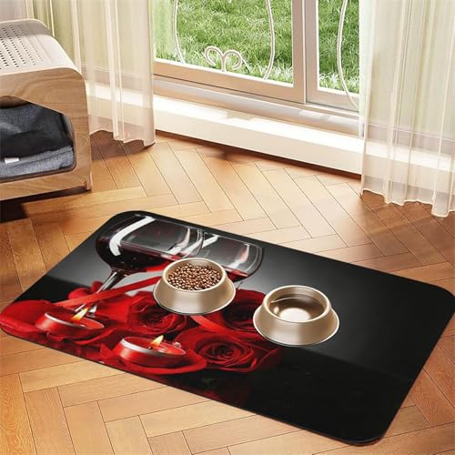 Rote Rose und Wein Romantisches Liebhaberdekor，Futtermatte für Haustiere, Tischsets aus PU-Leder für Katzen und Hunde,40x60cm von InOmak