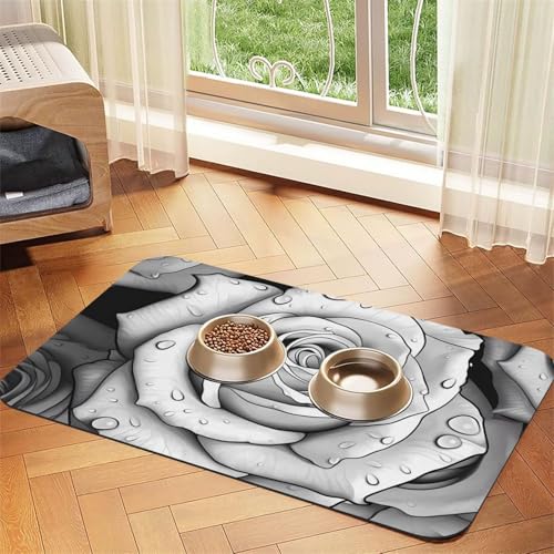Schwarz-Weiß-Rose，Futtermatte für Haustiere, Tischsets aus PU-Leder für Katzen und Hunde,40x60cm von InOmak