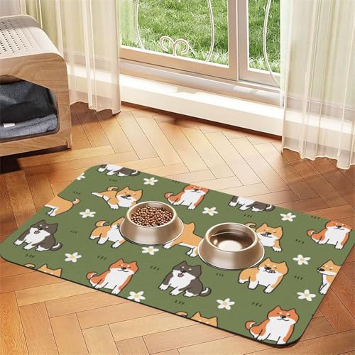 Shiba Inu Hund Muster Blume Grünen Hintergrund，Futtermatte für Haustiere, Tischsets aus PU-Leder für Katzen und Hunde,30x45cm von InOmak