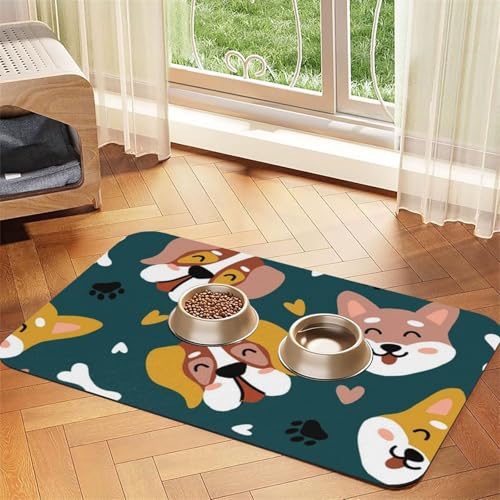 Süße Hundeknochen Welpenpfoten Bunte Liebesherzen，Futtermatte für Haustiere, Tischsets aus PU-Leder für Katzen und Hunde,30x45cm von InOmak