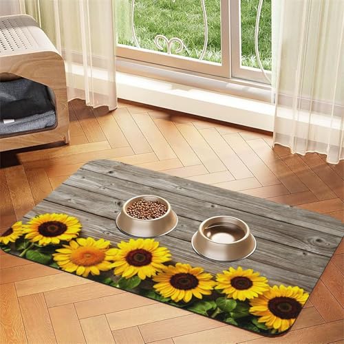 Sunflower On Rustic Wood,Waterproof Pet Feeding Mat,PU Leather Placemats for Cat Dog Water Bowl,Food Mats,30x45cm von InOmak