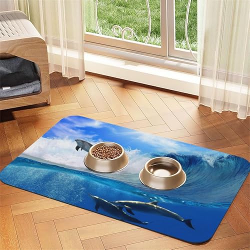 Vier Delfine im Walmeer，Futtermatte für Haustiere, Tischsets aus PU-Leder für Katzen und Hunde,30x45cm von InOmak
