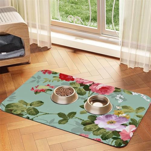 Vintage Floral Flowers,Waterproof Pet Feeding Mat,PU Leather Placemats for Cat Dog Water Bowl,Food Mats,40x60cm von InOmak