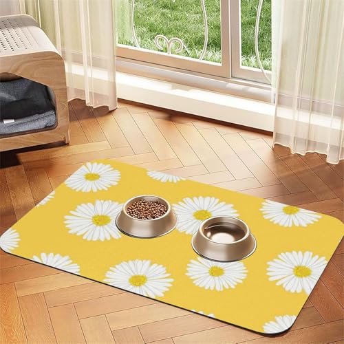 Weiße Aster Gänseblümchen Gelb，Futtermatte für Haustiere, Tischsets aus PU-Leder für Katzen und Hunde,40x60cm von InOmak