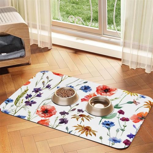 Wildblumen Mohn Chrysantheme Gänseblümchen，Futtermatte für Haustiere, Tischsets aus PU-Leder für Katzen und Hunde,30x45cm von InOmak