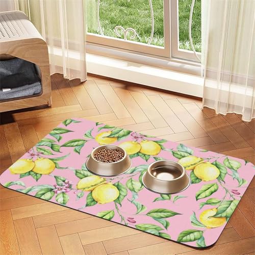 Yellow Lemon On Pink Background,Waterproof Pet Feeding Mat,PU Leather Placemats for Cat Dog Water Bowl,Food Mats,30x45cm von InOmak