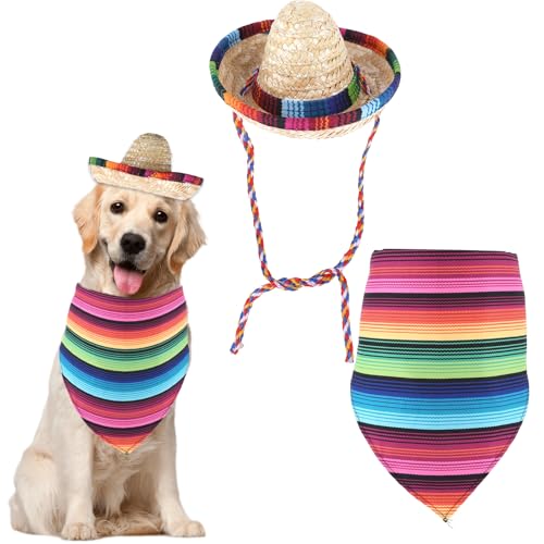 Sombrero-Hut für Hunde, mehrfarbig, Haustier-Sombrero-Hüte und Hunde, Dreieck-Schal, Lätzchen, Kostüm, mexikanischer Strohhut, mexikanische Mütze, Party-Dekorationen für kleine Hunde, Welpen, Katzen von InnoHHustle