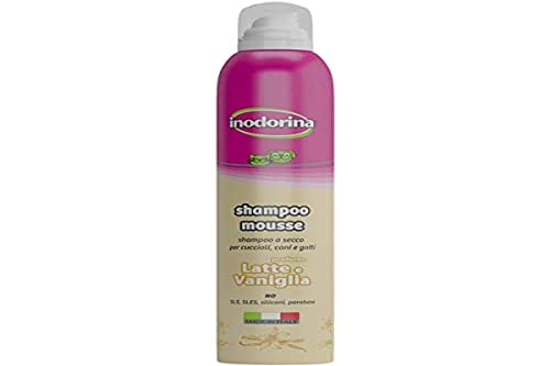 Inodorina Canii Mousse Shampoo Milch und Vanille 300 ml Shampoo für Hunde und Katzen für die tägliche Hygiene und häufiges Waschen von Inodorina