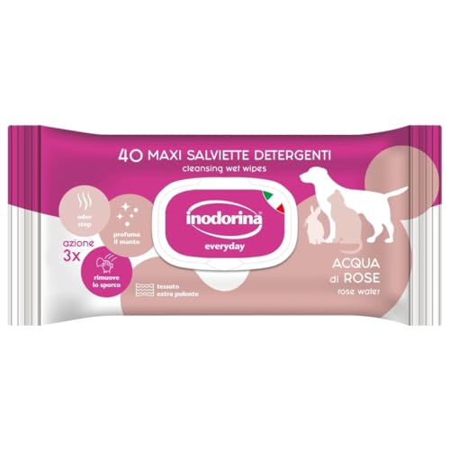 Inodorina Everyday Wipes für Hunde, Katzen und Welpen (12 Packungen à 40 Stück, Rosenwasser)-Haustiertücher aus widerstandsfähigem Gewebe mit Geruchsstopp-feuchtigkeitsspendende und lindernde Wirkung von Inodorina